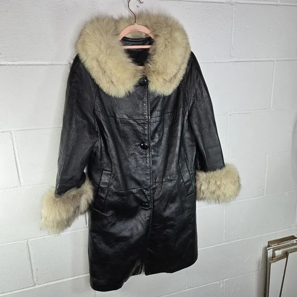 Vtg 60s Black Leather Fur Collar Cuffs Penny Lane Coat - Picture 13 of 13